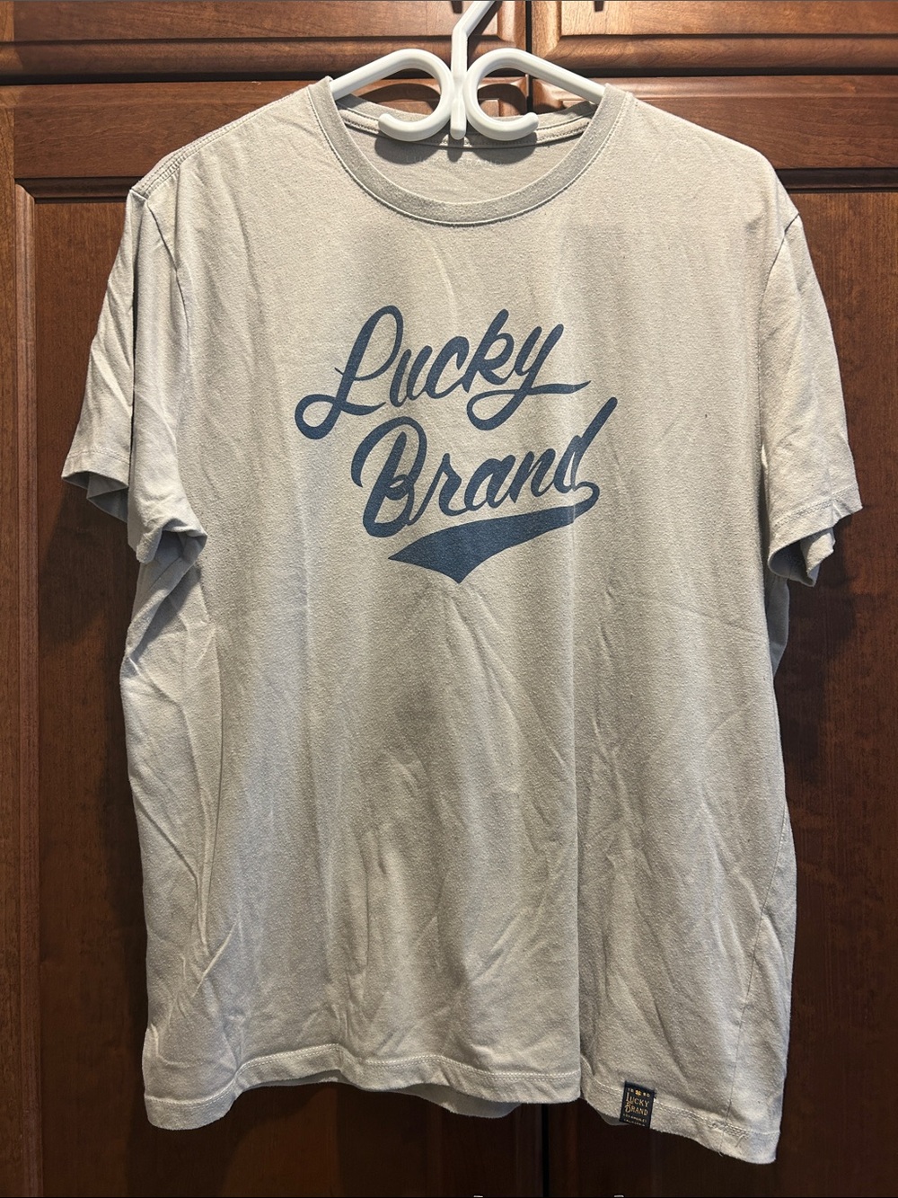 Lucky Brand Light Gray Short Sleeve Tee with Blue Script Logo